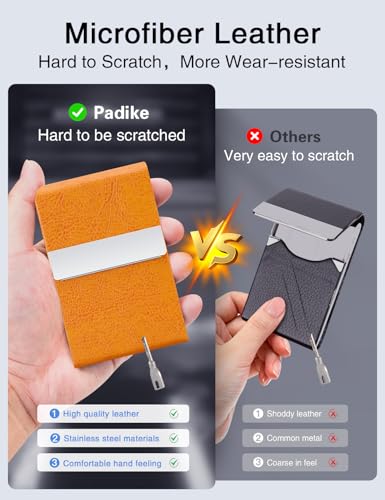 Image of Padike Professional Business Card Holder PU Leather Business Card Case Name Card Holder Slim Metal Pocket Card Holder with Magnetic Shut (Z-Orange)