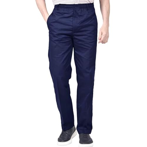 Mens Rugby Trousers Elasticated & Adjustable Waist Pant – Smart Workwear Bottom with Drawstring, Button and Zip Fly- Relaxed Fit, Straight Leg Casual & Formal Trouser – (Navy 38W/27L)
