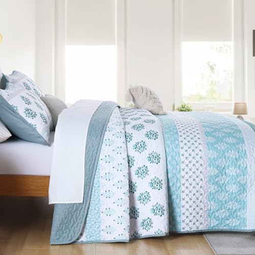 Cottolester Queen Quilt Set 3 Pieces,Aqua Boho Striped Quilt Bedd...