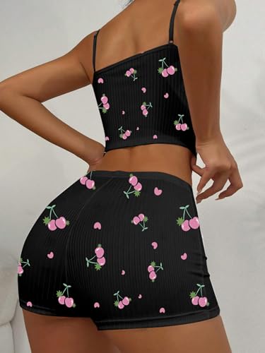 Image of Hilinker Women's 2 Piece Fruit Pajama Set Ribbed Cami Top and Shorts Sleepwear Cute Pjs Black Pink Cherry X-Large