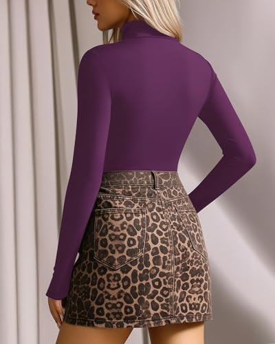 Image of MANGOPOP Women's Mock Turtle Neck Long Sleeve Tops Bodysuit Jumpsuit, Long Sleeve Lavender, Large