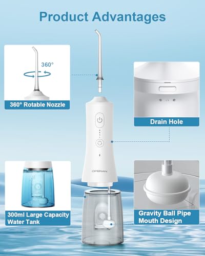 Image of Operan Water Flossers for Teeth Cleaning Upgraded 300ml Cordless Water Dental Flossers Rechargeable Oral Irrigator with 4 Modes 4 Jet Tips IPX7 Waterproof Water Floss for Home Travel (White)+1Pack