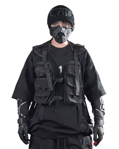 Niepce Inc Colete cargo ajustável Streetwear Techwear para tamanhos pequeno-grande, Preto-v5, Tamanh