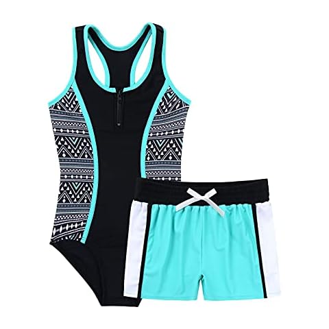 Nimiya Kids Girls 2Pieces Athletic Tankini Swimsuit Set Sleeveless Swim Tops Shorts Bottoms Tankini Bathing Suit Mint Green 13-14 Years Cover