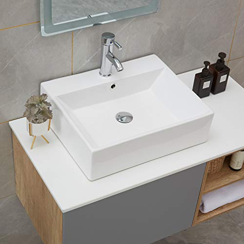 PetusHouse Bathroom Vessel Sink and Pop Up Drain Combo, Rectangle Above Counter White Porcelain Ceramic Bathroom Vessel Vanity Sink Washing Art Basin, Overflow Type