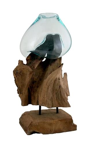Oma Hand Blown Molten Glass And Teak Vase Sculpture Terrarium Plant Stand Natural Solid Wood And Recycled Glass Modern Home Decor Large Size #TOP4