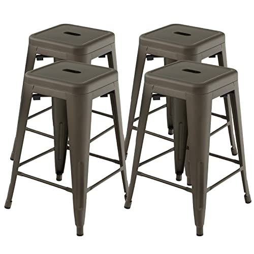 COSTWAY Bar Stools Set of 4, 24” Stackable Metal Stools with Square Seat & Handing Hole, X-shaped Reinforced Design, Comfortable Footrest, Backless Bar Chairs for Kitchen, Dining Room, Pub (Gun, 24‘’)