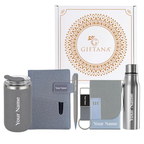 Image of Giftana Personalized Diary with Pen, Coffee Tumbler 350ml, Water Bottle 750ml, Keychain, Card holder Gift Set for Men and Women, 6 in 1 Personalised Corporate Gifting for Employee (Grey)