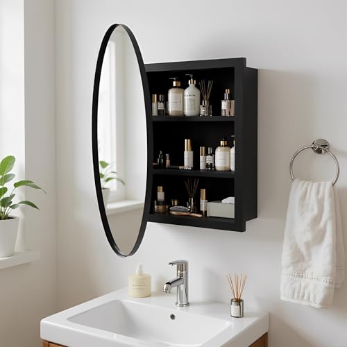 ChromaCasa Badezimmerspiegel mit Metallrahmen für die Wand, 79 x 42 cm, Abgerundeter rechteckiger Spiegel, Badezimmerspiegelschrank mit 3 Ablagefächern, beweglichen und verstellbaren Fächern