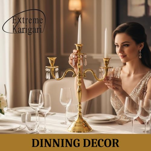 Image of Premium 16 Inch Golden Aluminum 3-Arm Candle Stand with Crystal Hangings | Luxury Centerpiece for Home Decor, Weddings, Festive Decoration & Dining Table