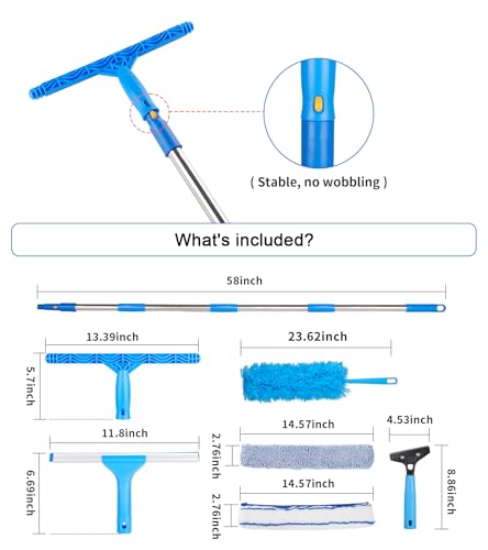 Image of Window Squeegee Cleaner with 4 Stainless Steel Extension Poles,Long Reach to 58inch, Scrubber, Glass Scraper, Bendable Duster, 2 Scrubber Cloth for Window, Car, Professional Cleaning Kit