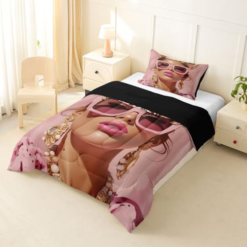 Image of Erosebridal Pink Black Girls Twin Comforter Set Luxury African American Bedding Set for Girls Women Modern Fashion Woman Room Decor Afro Black Woman Duvet Insert (1 Comforter, 1 Pillowcase)