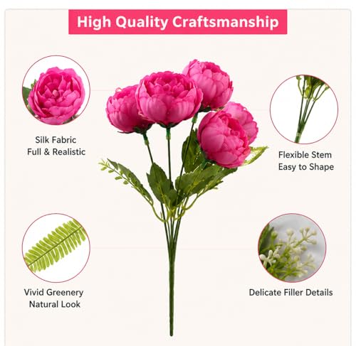 Image of CURATED CART 1 Bunch Artificial Peony Rose Flower Bouquet (Pink) | 5 Flower Heads, for Home Decor, Office, Bedroom, Balcony, Table Display, Wedding Decoration (Without Vase Pot)