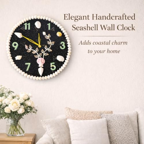 Image of Sea Shell Wall Clock Black | Decorative Coastal Ocean Theme Silent Non-Ticking Analog Clock for Home, Living Room, Bedroom & Office