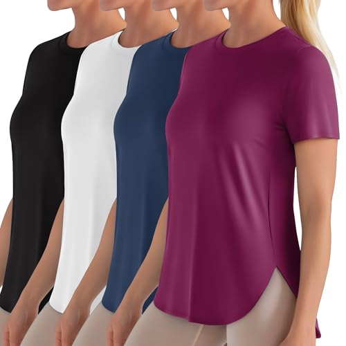 4 Pack Women's Workout T Shirts Short Sleeve Athletic Basic Tee Tops Quick Dry UPF 50+ Sun Protection with Split Hem