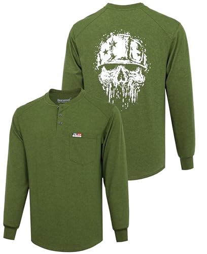 Image of BOCOMAL FR Shirts for Men Long Sleeve EX Soft Flame Resistant Henley CAT2 | NFPA2112 6oz Midweight Cotton Knit Heather Series,Moisture-Wicking /Breathable,Chest Pocket,Rib-Knit Cuffs,Summer Work T Shirt