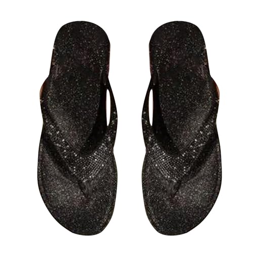 Chanclas de dedos para mujer, color negro, brillantes, sandalias de moda con diamantes de imitación, sandalias planas para verano, cómodas, pantuflas para casa, piscina, mar, playa, exterior, verano,