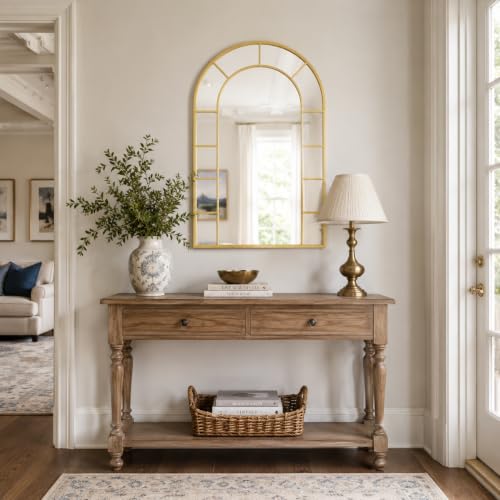 Image of Window Arched Wall Mirror Decor - Farmhouse Gold Arch Mirror for Wall Decor Living Room,Window Pane Frame for Fireplace,Hallway,Dining Room,Entryway, Bedroom,Large 36 inchX24 inch Metal Frame
