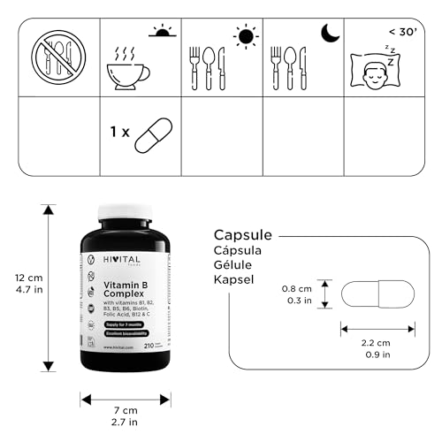 Vitamin-B-Komplex. 210 vegane Kapseln für eine 7-monatige Kur. Vitamin-B-Komplex mit B1, B2, B3, B5, B6, B12, Biotin, Folsäure und Vitamin C. Hergestellt von HIVITAL