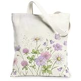 Bolsa de lona de crisantemo para mujer, diseño floral, mariposa, trébol, primavera, violeta, lavable, reutilizable, ideal para viajes, trabajo, compras, librería, 13 x 15 pulgadas