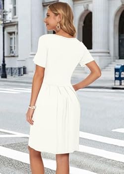 AUSELILY Vrouwen Korte Mouwen Geplooid Los Swing Casual Jurk met Zakken Knielengte Wit XL