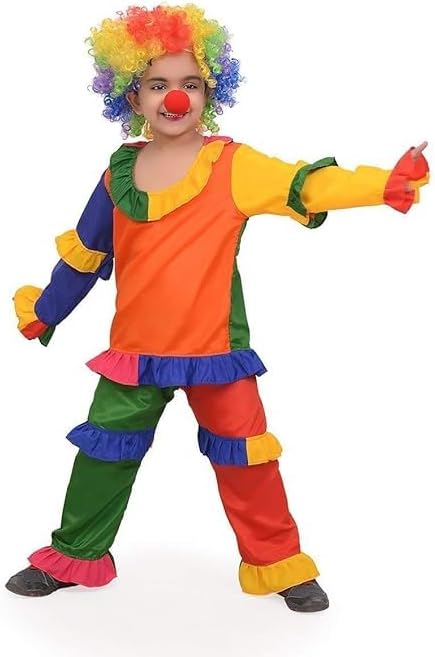 Joker Colorful Clown Fancy Dress Costume for Kids With Nose & Wig Multi-Color Top & Bottom, Ideal for Theme Parties | Annual Functions | Festivals & Competitions