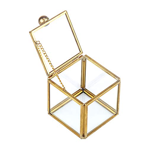 Designster Glass Ring Bearer Gift Box With Pearls - Small Antique Gold Brass Lace Jewelry Organizer/Vanity Necklace Display Storage Decorative For Dresser, Drawer, Countertop #TOP2