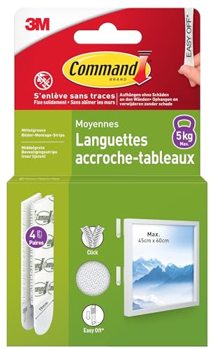 Command Languettes Accroches Tableaux Moyen Modèle, 8 x 2 Languettes, 5,4 kg, Blanc - Fixation sans Dommage