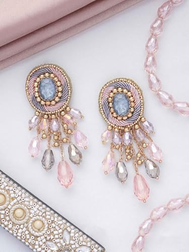 Image of SANJOYA by EVERSTYLISH Embroidered Earrings for Women | Pastel Stone & Beaded Dangler Earrings | Ethnic Jewelry for Weddings, Festivals & Special Occasions