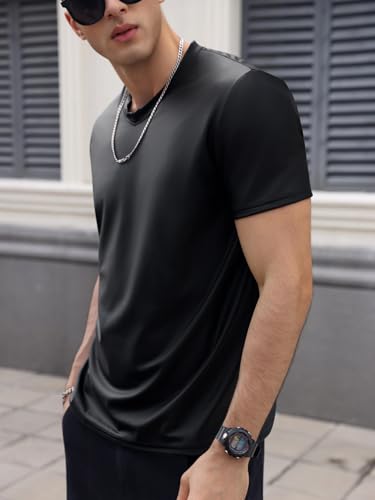 WDIRARA Men's PU Leather Short Sleeve T-Shirt V-Neck Ruched Party Top3