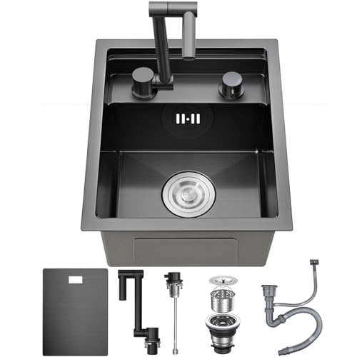 Ribanedy Black-Grey Hidden Single Bowl Kitchen Sink, 35x45cm, Stainless Steel Undermount Bar/Campervan Sink for Camping and Small Spaces
