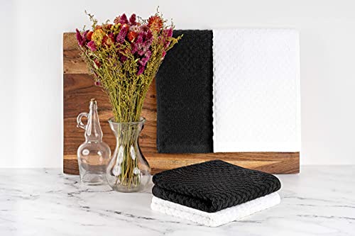 Dish Cloth Towels [12X12] Black And White Dobby Weave Kitchen Dish Towels, Soft And Real Absorbent 100% Cotton - Machine Washable - 12 Pack #TOP4