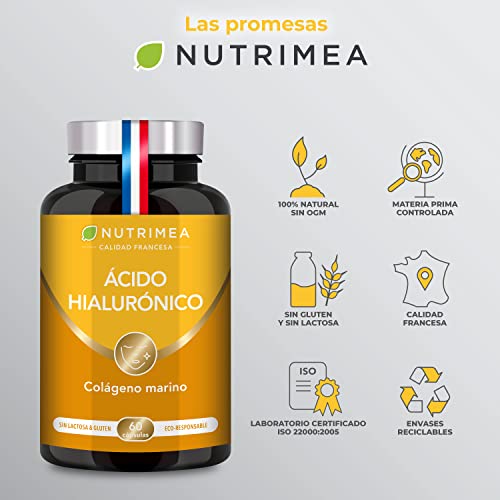 Miniatura 7 de Ácido Hialurónico - Con Colágeno Marino - 100 Puro - Rico En Vitaminas A Y C - Antiarrugas, Hidratación Piel - Huesos Y Articulaciones - Actúa En Profundidad - 60 Cápsulas Veganas - Nutrimea