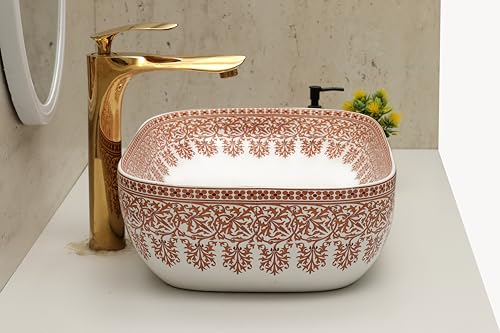 Image of Moroccan Design Ceramic Tabletop Wash Basin | Countertop Vessel Sink | Wash Basin over counter For Bathroom Hotel Home (18x13x5.5 Inch) (TORO 4014) (Moroccan Design 104)