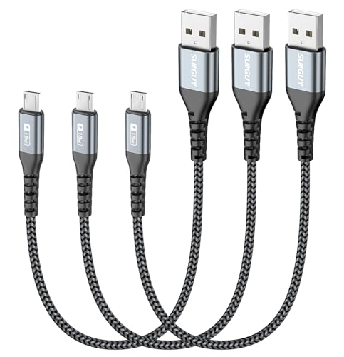 SUNGUY [3-Pack 1FT/0.3M Câble Micro USB Courte de Synchronisation et Charge Rapide Sync Chargeur Cordon Android pour Samsung Galaxy S7 Edge, Moto G5 Plus,...