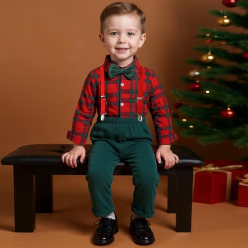 Image of Boarnseorl Baby Boys Pants Sets,Toddler Gentleman Outfits,Infant Long Sleeve Shirt + Pants + Bow Tie + Suspenders