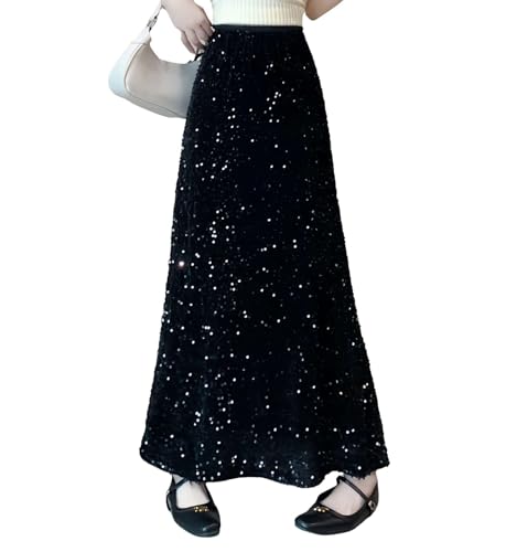ADWAXDA Sparkly Skirt for Women, Elastic High Waist Sequin Maxi