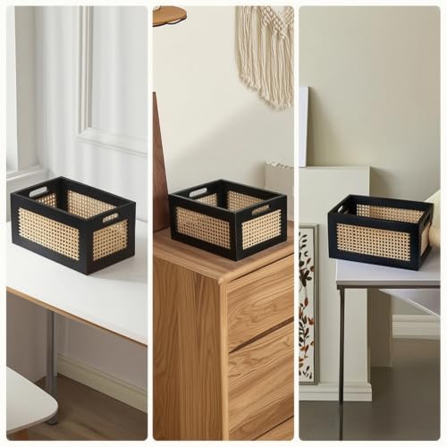Panier en bambou tressé avec poignées intégrées de grand format noir - 7