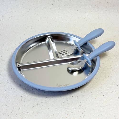 Image of Feeding Set of 4 for Kids | Suction Plate Bowl Spoon Fork Sippy Cup | BPA Free | Stainless Steel | Easy Grip | Non Spill | Self Feeding Set | Dishwasher Safe | 3 Colours (Ocean)