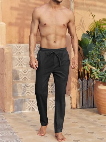 Image of PASLTER Mens Cotton Linen Pants Casual Summer Beach Pants Dress Trousers