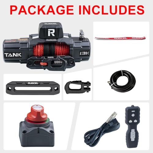 RUGCEL WINCH 13500lb New Waterproof Electric Synthetic Rope Winch 12V with Hawse Fairlead,2 in 1 Infrared Remote Control,Wired Control,Red Rope,for Truck SUV