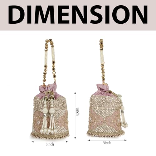 Image of Nevis Silk Fabric Luxury Pearl Embroidered Potli Bag for Women | Bridal Ethnic Drawstring Clutch with Beaded Handle Wedding | Potli Bag