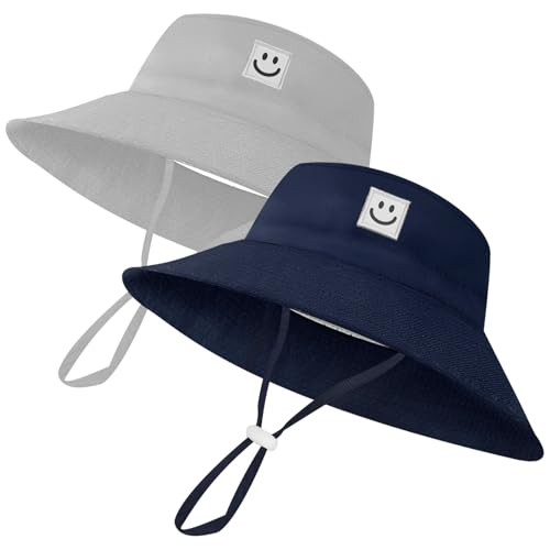 Baby Sun Hat, Toddlers Smile Face Sun Hat, UPF 50+ Sun Protection Summer Hats for 0-5 Years Kids (6-24 Months, Navy and Grey)
