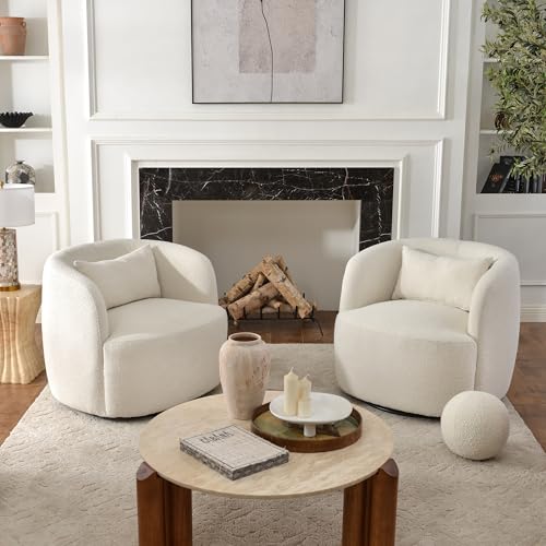 Condition photo showing New/Like New for (2)kinwell 34" w sherpa swivel barrel chair with pillow, cream