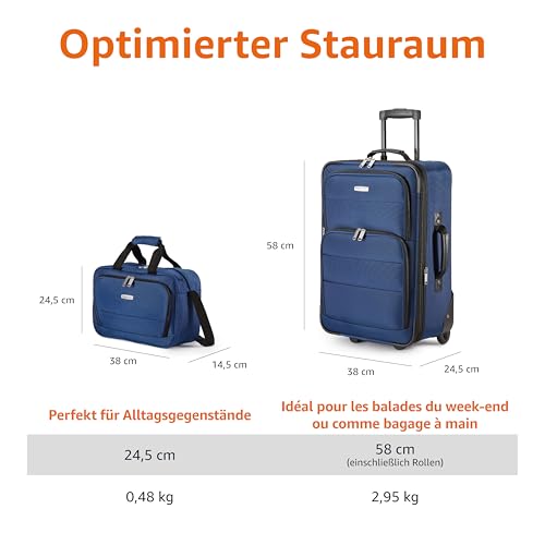 Amazon Basics 2-Teiliges Weichschalen-Koffer-Set, Erweiterbares Handgepäck (58 cm) und Tragetasche (25 cm), Leicht, 100% Polyester, Stapelbares Set, Marineblau