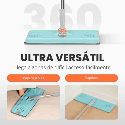 Miniatura 5 de Jupplies Mopa Fregona Con Cubo Escurridor Doble Compartimento 7,5 L Sistema Giratorio Con Mango Telescópico Y Recambios De Microfibra Para Suelos, Paredes Y Azulejos Verde, 6 Recambios