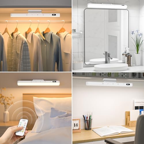 Image of Ferswe 3W Rechargeable Light Bar with Remote Control, 3 Color Adjustable Mirror Lights, 2000mAh Battery Makeup, Touch for Cabinets, Magnetic Stick On for Closet, Kitchen