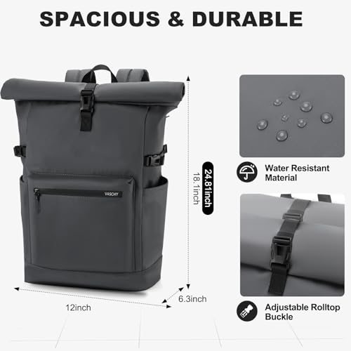 Image of VASCHY Roll Top Travel Backpack for Men, Water Resistant Expandable Large Carry-on Casual Daypack for Work Business Hiking College Gray