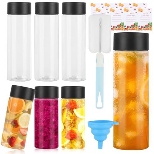 JOYSKY 6 PCS Plastic Juice Bottles with Lids 400ml 300ml Reusable Juice Bottles PET Smoothie Bottle with Brush and 8 Stickers Easy Cleaning Durable & Leak Proof Design Ideal for Home Gym or Office
