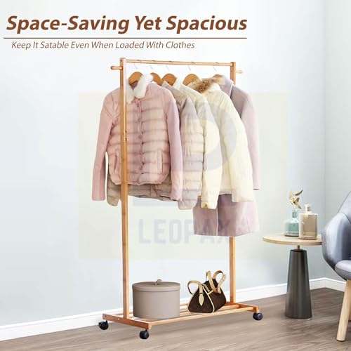 Image of LEOPAX Bamboo Rolling Coat Rack with 2 Side Hook Garment Rack with Shoe Storage Shelves for Entryway Living Room Bedroom Hallway - Do It Yourself - Beige Color - Size - (80 x 38 x 145cm)